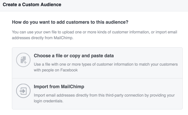 Wählen Sie aus, wie Sie Kundeninformationen hochladen möchten, um Ihre benutzerdefinierte Facebook-Zielgruppe zu erstellen.
