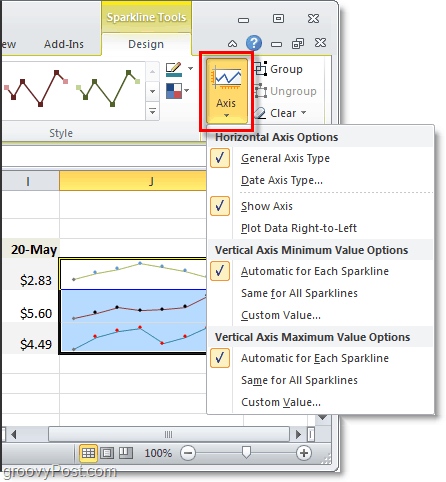 Ändern Sie die Sparklines-Achse in Excel 2010