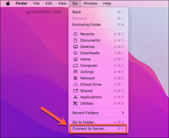 Öffnen der Option „Mit Server verbinden“ im Mac Finder