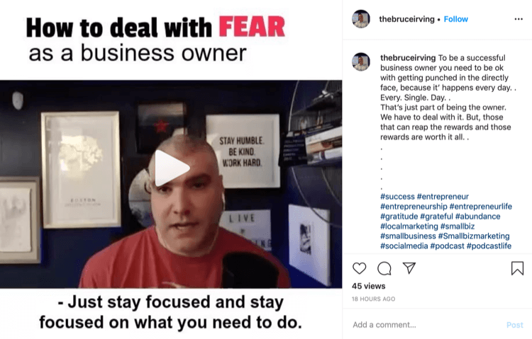 Bruce Irving Instagram-Beitrag über den Umgang mit Angst als Geschäftsinhaber