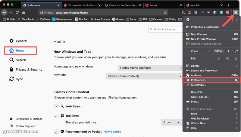 Firefox-Einstellungen Home auf Mac