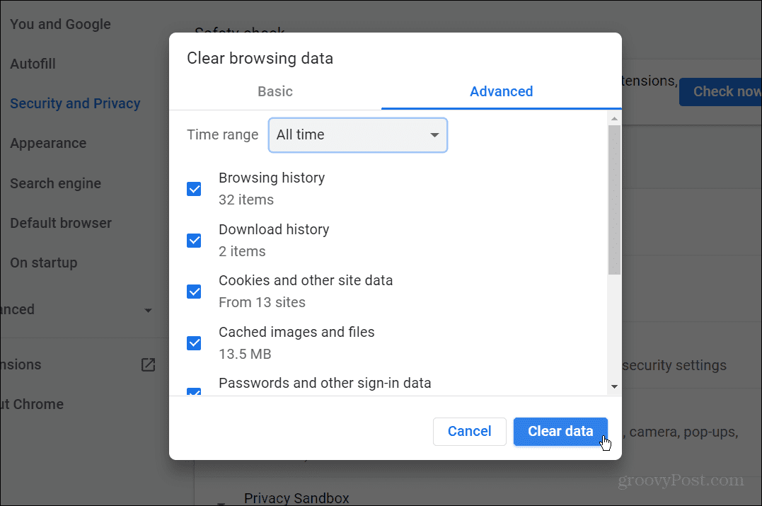 Löschen Sie die Chrome-Datenkorrektur err_cache_miss in Google Chrome