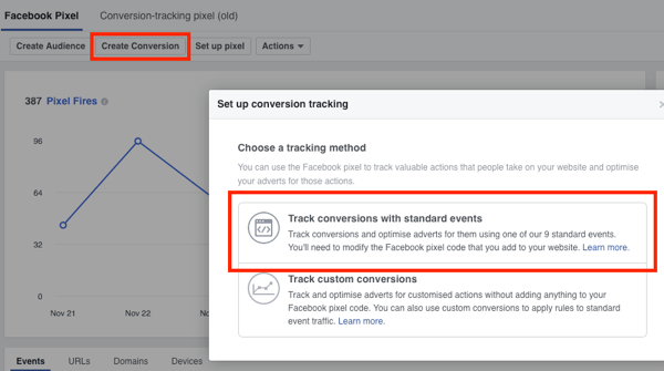 Wählen Sie die Option Conversions mit Standardereignissen verfolgen für das Facebook-Conversion-Tracking.