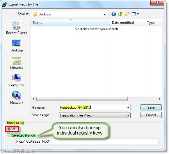 Speichern Sie die Registrierungssicherung in Windows 7 und Vista