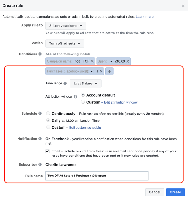 Verwenden Sie automatisierte Facebook-Regeln, stoppen Sie die Anzeigenschaltung, wenn die Ausgaben doppelt so hoch sind und weniger als 1 Kauf, Schritt 3, zusätzliche Regeleinstellungen