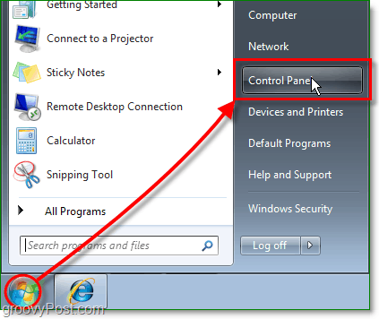 Klicken Sie auf das Menü Start Orb und dann auf das Control Panel in Windows 7