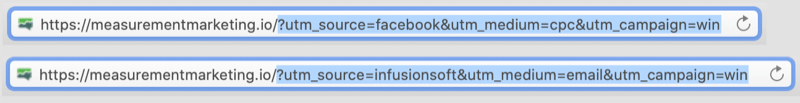 Beispiel für URLs mit utm-Tags, die mit dem utm-Teil der hervorgehobenen URLs codiert sind und Facebook / cpc und infusionsoft / email als Parameter für die Gewinnkampagne anzeigen