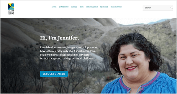 Dies ist ein Screenshot der Website von Smart Creative Social, der Social-Media-Agentur von Jennifer Priest.