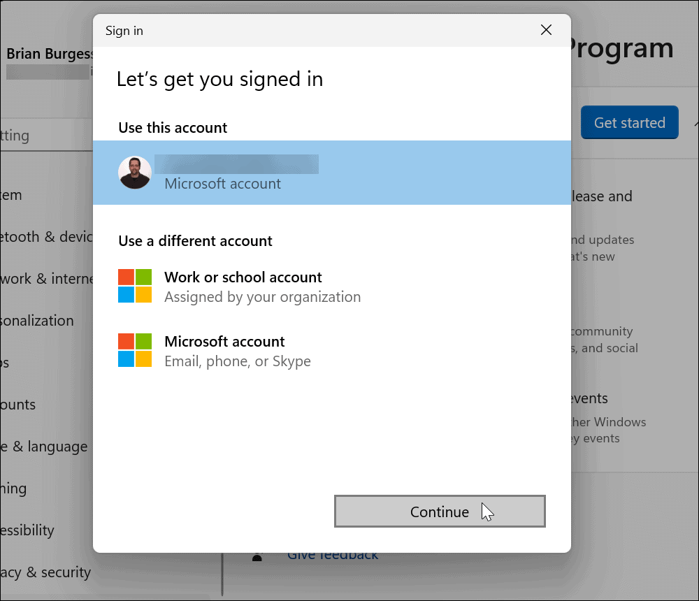 Wählen Sie ein Microsoft-Konto