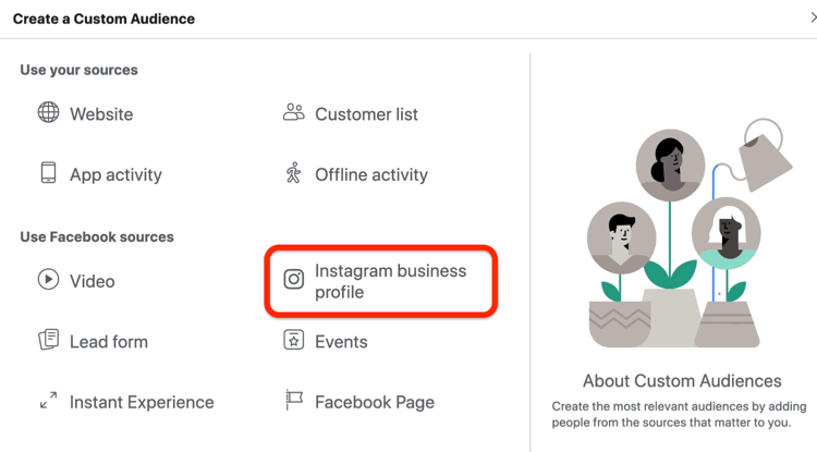 Die Option "Instagram Business Profile" wurde im Dialogfeld "Benutzerdefinierte Zielgruppe erstellen" ausgewählt