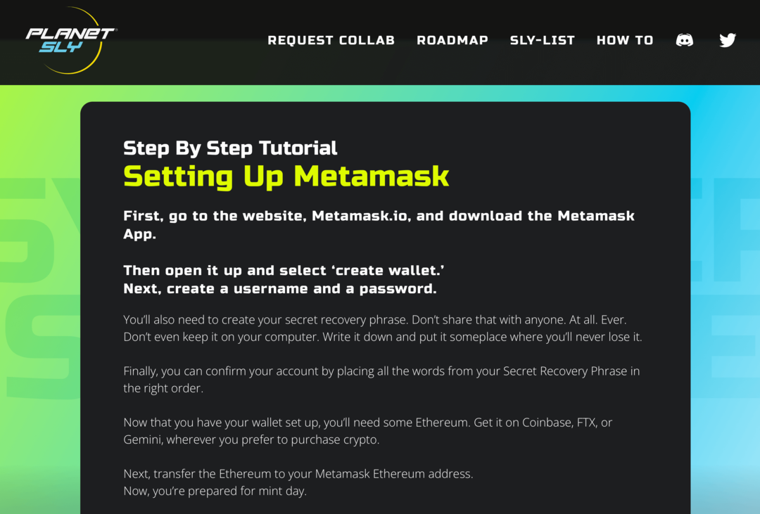 Bild des Metamask-Tutorials auf der PlanetSLY-Website