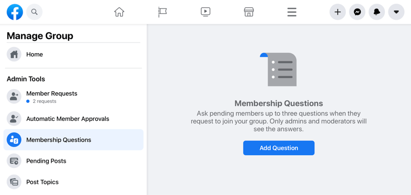 Facebook-Option zum Verwalten von Gruppen, die die Option für Fragen zur Mitgliedschaft hervorhebt