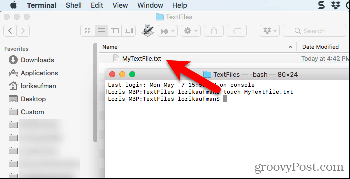 Textdatei, die mit dem Befehl touch in Terminal auf dem Mac erstellt wurde