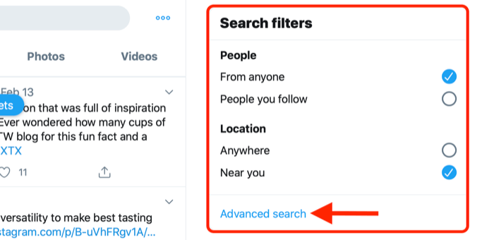 Screenshot mit dem Link zur erweiterten Suche im Filterfeld für die Twitter-Suche