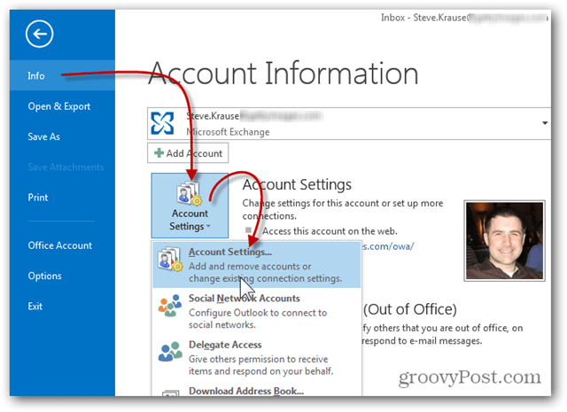 Mailbox Outlook 2013 hinzufügen - Klicken Sie auf Info-Kontoeinstellungen