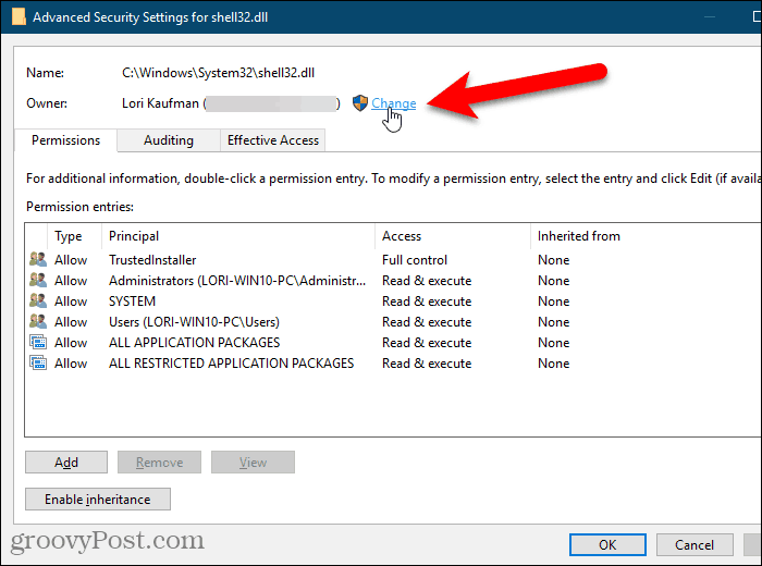 Klicken Sie im Dialogfeld Erweiterte Sicherheitseinstellungen im Windows-Registrierungseditor auf Ändern für den Eigentümer