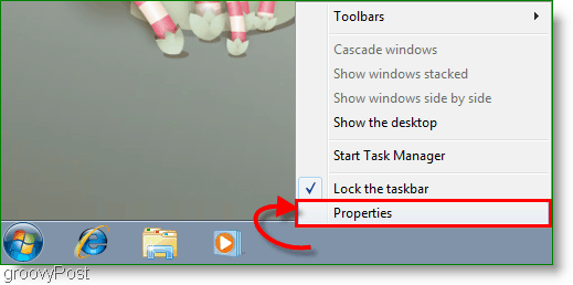 Windows 7-Eigenschaften in der Taskleiste Screenshot