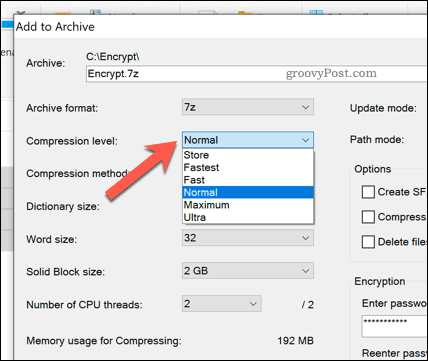 Dateikomprimierungsoptionen für eine 7zip-Archivdatei in Windows 10