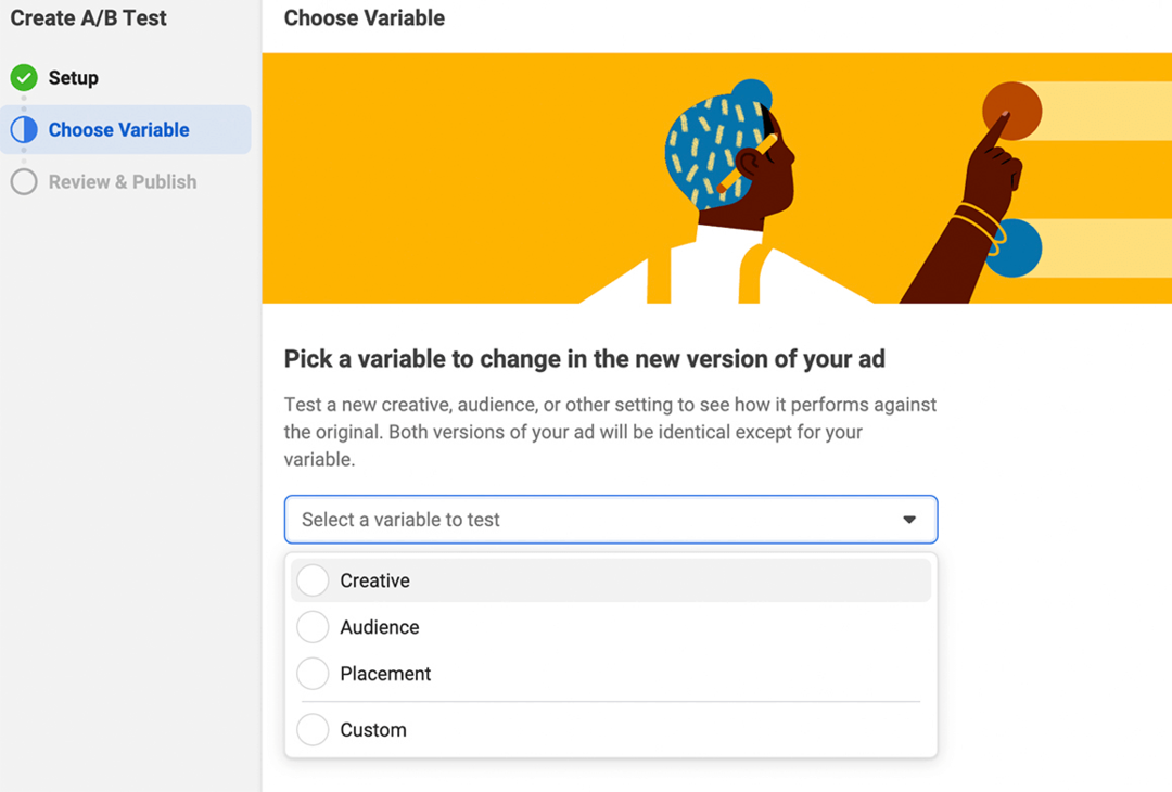 Bild des Schritts „Variable auswählen“ für den AB-Test im Werbeanzeigenmanager