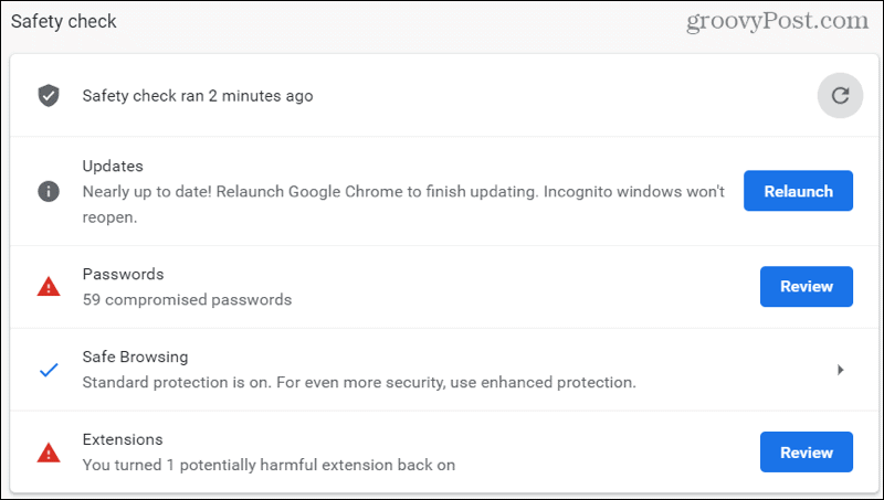 Ergebnisse der Chrome-Sicherheitsüberprüfung