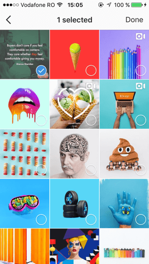 Wählen Sie alle gespeicherten Beiträge aus, die Sie Ihrer Instagram-Sammlung hinzufügen möchten, und tippen Sie anschließend auf Fertig.