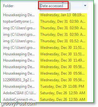 Windows 7-Screenshot - Verwendungsdatum, auf das bei der Suche zugegriffen wurde.
