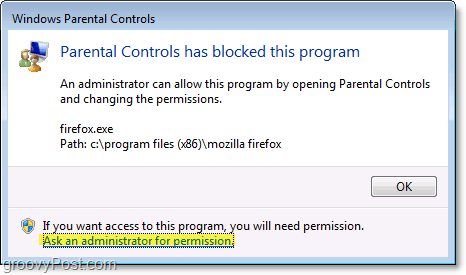 In Windows 7 wird ein Popup angezeigt, wenn eine Kindersicherungsrichtlinie es blockiert