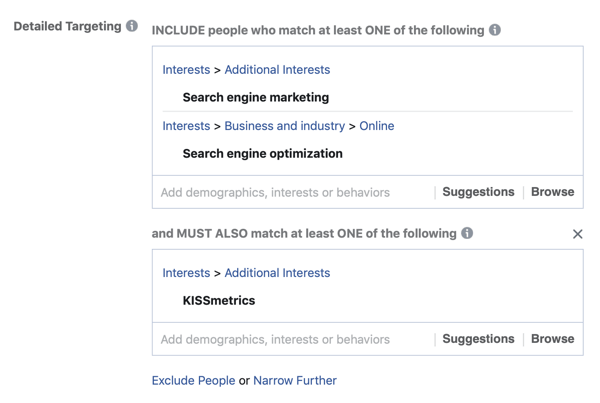 Beispiel für die Überlagerung Ihrer Ergebnisse mit den Interessen Ihrer Facebook-Anzeigen mithilfe des Felds MUSS AUCH übereinstimmen.