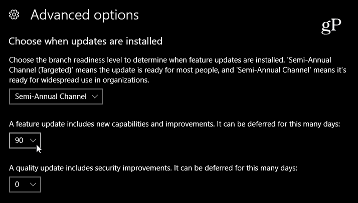 Wählen Sie die Verzögerung von Feature Update Windows 10