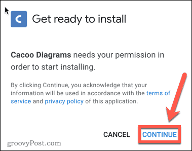 Bestätigen der Installation des Google Docs Cacoo-Add-ons