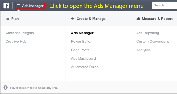 Öffnen Sie das Facebook Ads Manager-Menü, nachdem Sie Ihr Konto erstellt haben.