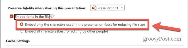 Powerpoint-Einbettung nur verwendete Zeichen