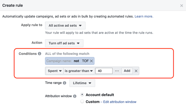 Verwenden Sie automatisierte Facebook-Regeln, beenden Sie die Anzeigenschaltung, wenn die Ausgaben doppelt so hoch sind und weniger als 1 Kauf, Schritt 2, Bedingungen