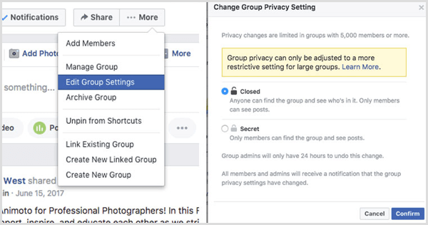 Facebook-Gruppe ändert Datenschutzeinstellung
