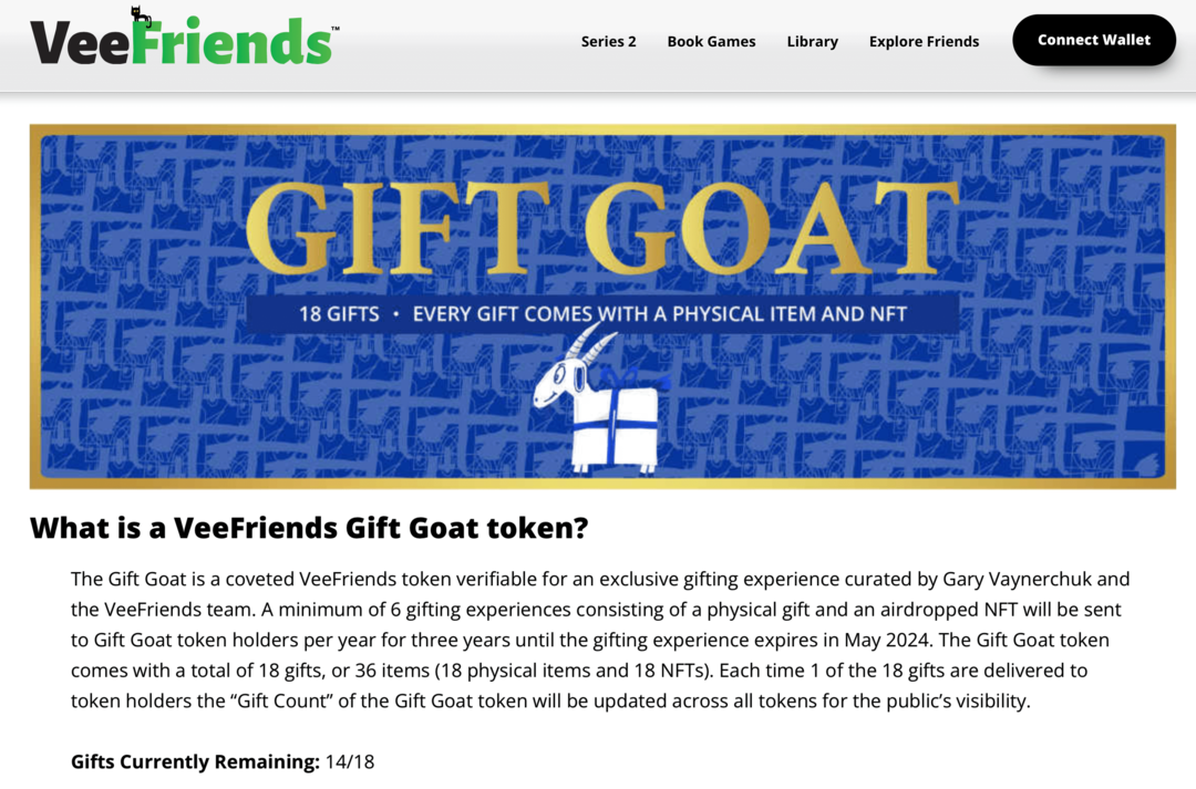Bild der VeeFriends Gift Goat Token-Vorteile auf der VeeFriends-Website