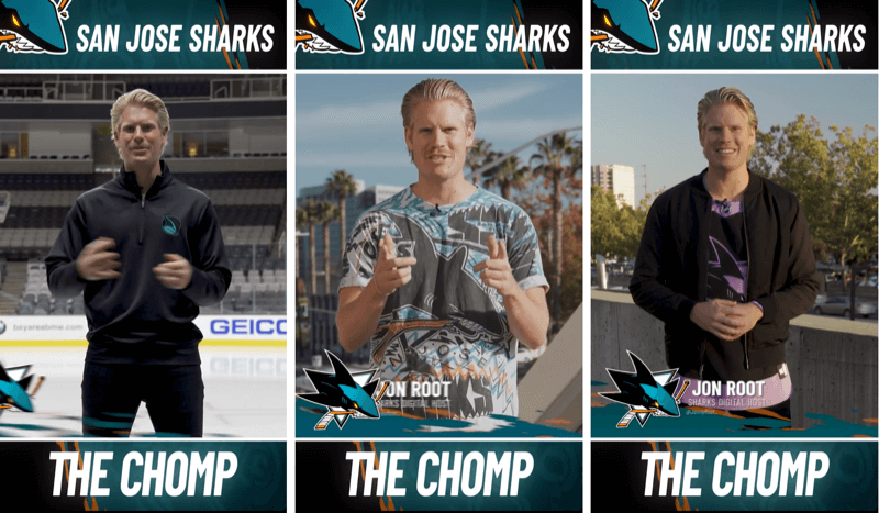 Drei Instagram Stories-Posts aus dem The Chomp-Segment von San Jose Shark