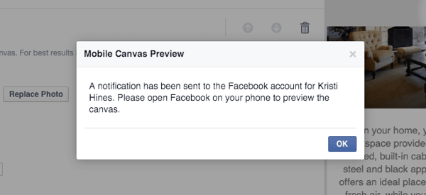 Facebook Canvas Vorschau Benachrichtigung