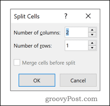 Optionsmenü "Word Split Cells"