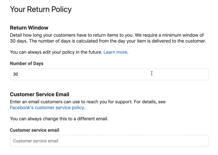Screenshot Beispiel für ein Rückgaberecht für Facebook-Shops und eine E-Mail an den Kundenservice, die möglicherweise verfügbar sind