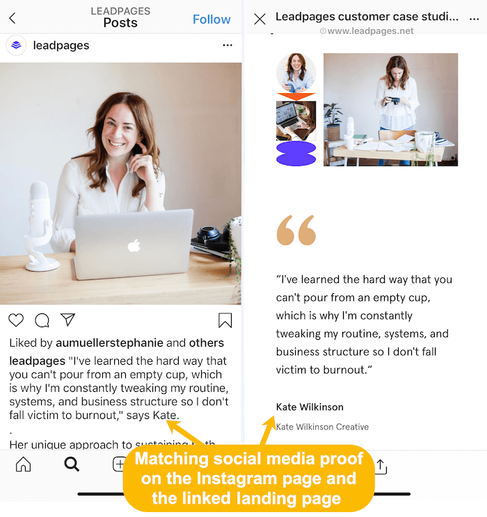 Übereinstimmende Kundengeschichten auf Instagram-Feed und verknüpfter Zielseite