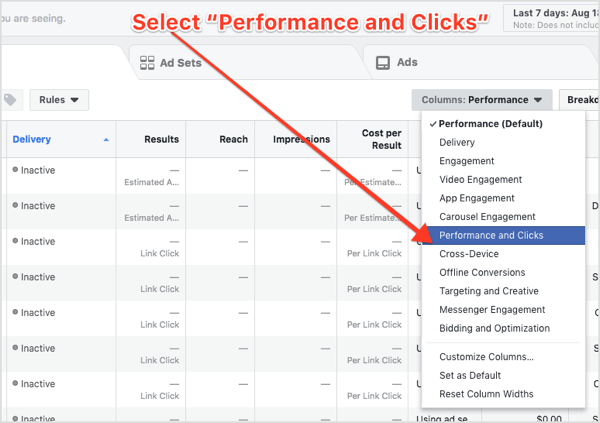 Wählen Sie im Facebook-Anzeigenmanager im Dropdown-Menü "Spalten" die Option "Leistung und Klicks".