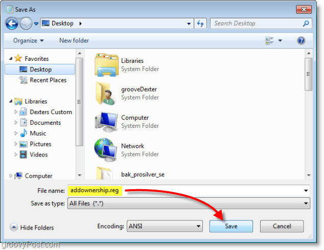 Windows 7-Screenshot - als addownership.reg speichern