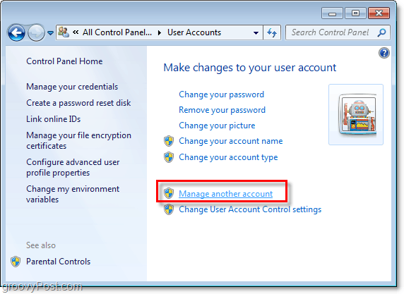 Klicken Sie auf der Windows 7-Benutzerkontoseite auf Ein anderes Konto verwalten