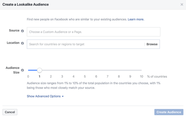 Option zum Erstellen einer 1% Lookalike-Zielgruppe für Ihre Facebook-Anzeigen.