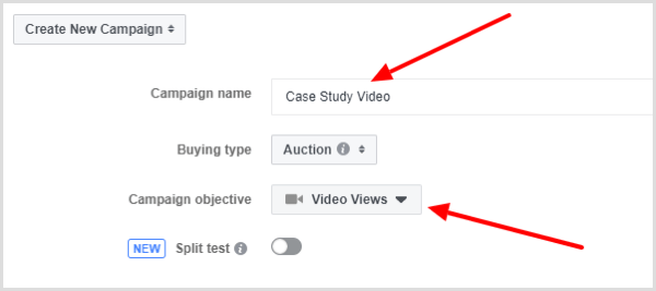 Wählen Sie das Ziel "Videoansichten" für Ihre Facebook-Werbekampagne aus.