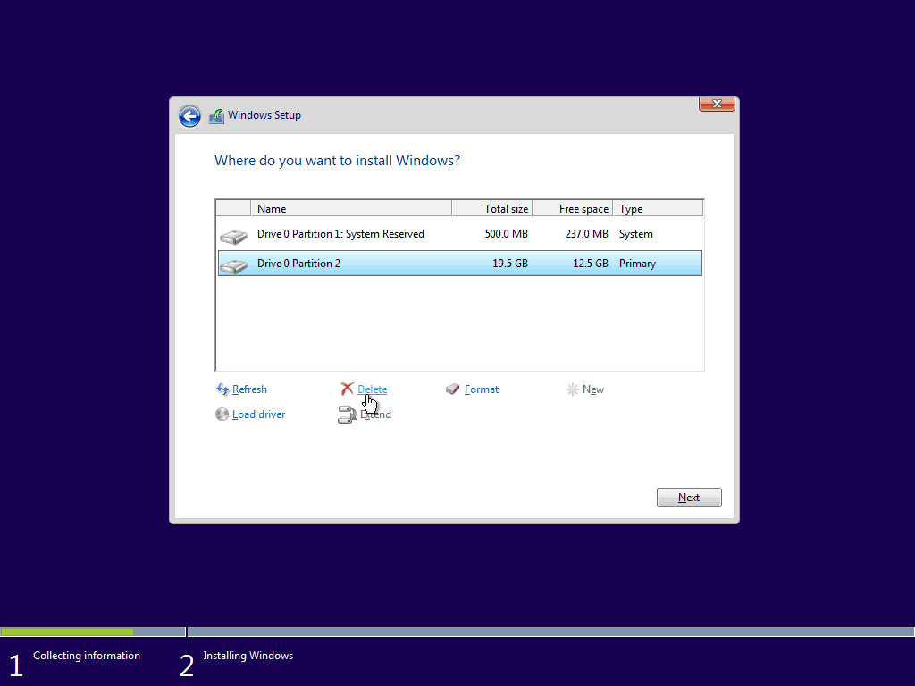 05 Vorhandene primäre Partition löschen Windows 10 Clean Install