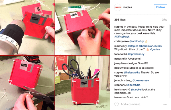 Diese Instagram-Fotocollage von Staples zeigt eine clevere Möglichkeit, Disketten in ein Schreibtischzubehör umzuwandeln.