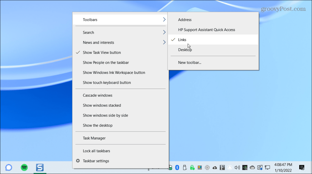 Symbolleisten-Links zentrieren die Taskleiste von Windows 10