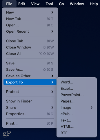 Datei, Exportieren nach Optionen
