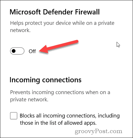 Deaktivieren Sie den Windows-Firewall-Schieberegler